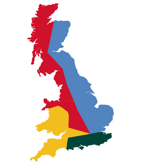 map of the United Kingdom illustrated in abstract colors representing regions with emphasis on geographic diversity and color psychology 1 mapping colors regions